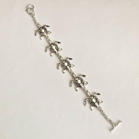 Silver Sea Life Turtle Charm Bracelet Beach Island 7.5" Plated Toggle Clasp - - Picture 10 of 12